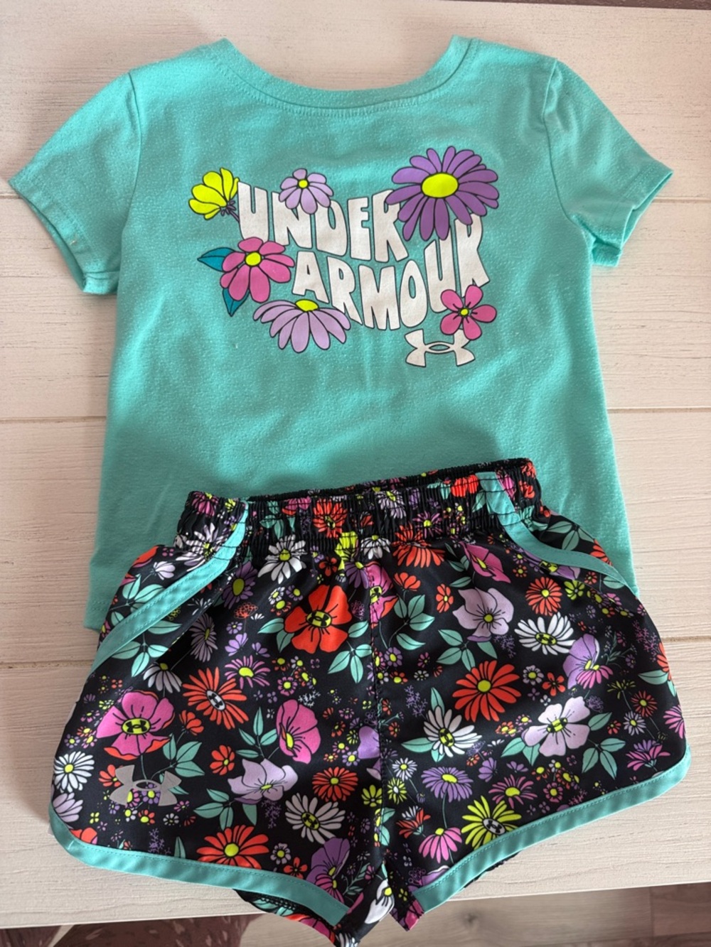 Under Armour Teal Top with Black Multicolor Floral Shorts